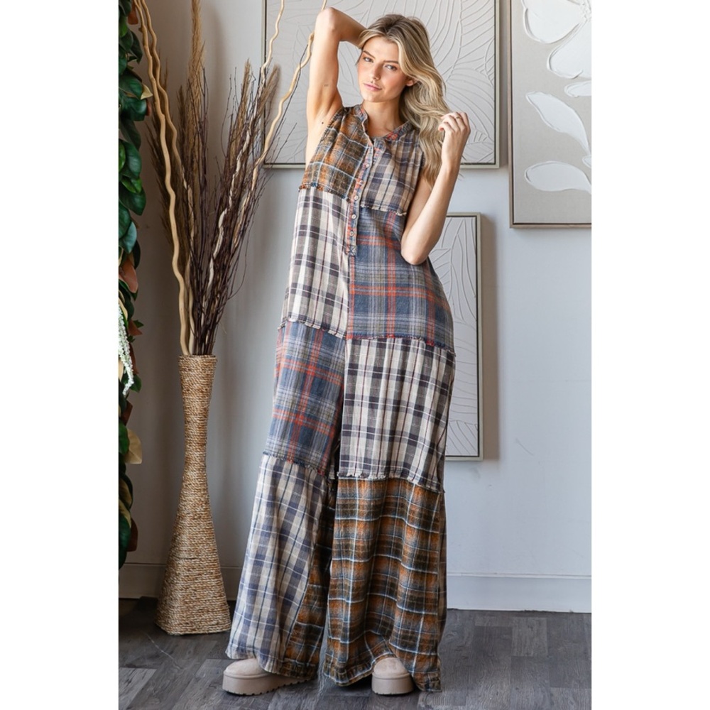 Oli & Hali Multi-Color Plaid Patchwork Sleeveless Jumpsuit